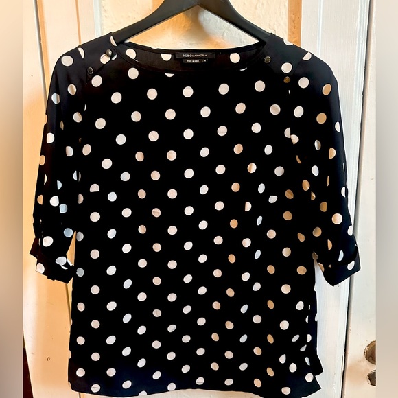 BCBGMaxAzria Tops - BCBGMAXAZRIA Black & White Polka Dot Button Shoulder Blouse Size